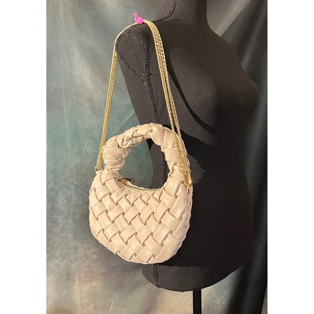 Urban Expressions Cream Woven Knot Handle Shoulder Bag Gold Chain Crossbody - Picture 10 of 12